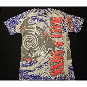 VTG 80s 90s Maui and Sons Shark Surf All Over Print T Shirt USA M Rad Neon